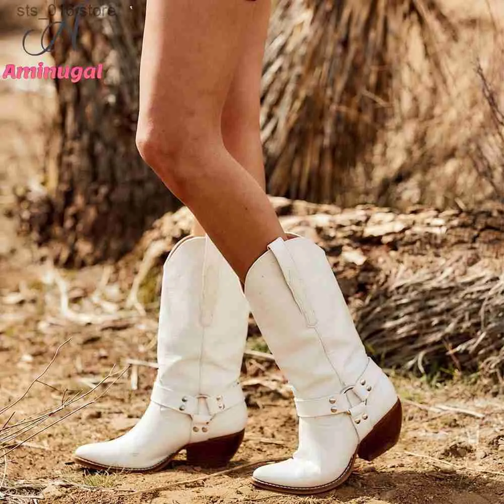 Western Aminugal Print Cowgirl White Cowboy Mid Calf Spring Summer Autumn Metal Chain Roman Ridding Boots Shoes T230824 659a