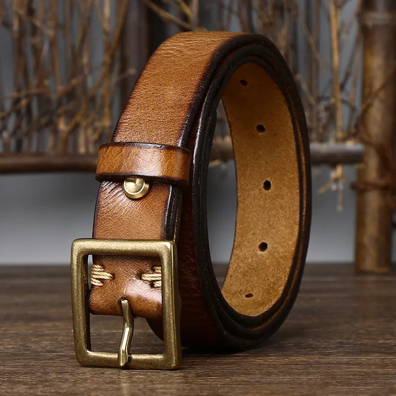 Women's Handcrafted Leather Belt – Classic Round Buckle, Size S (Unbranded)