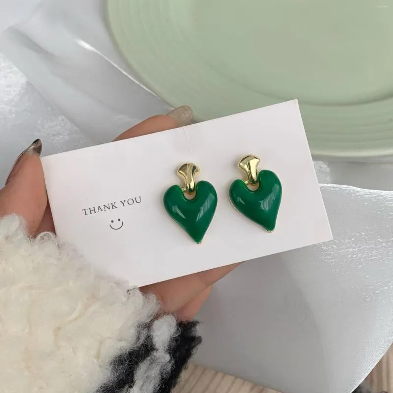 Stud Küpe S925 Gümüş İğne Emaye Sır Aşk Kalp Kore Basit Sevimli Yeşil Beyaz Klip Delmemiş Kulak Takı