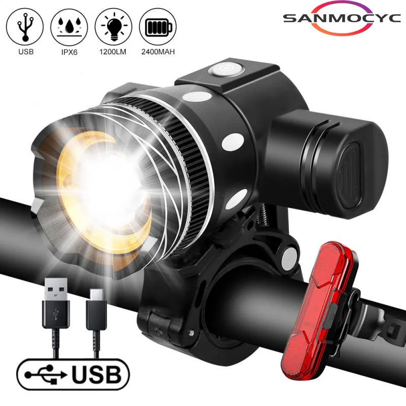 Luces de bicicleta T6 LED Luz delantera de bicicleta Linterna recargable USB 2400 mAh para zoom Faro de bicicleta Linterna de ciclismo Accesorios para bicicletas MTB 230824