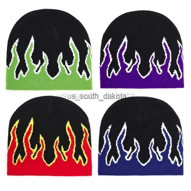 Berretti Beanie/Teschio Berretto invernale lavorato a maglia con ago caldo Cappello in lana con motivo a fiamma Cappello con teschio stradale Cappello in cotone anti-freddo Cappellino hip-hop L0825