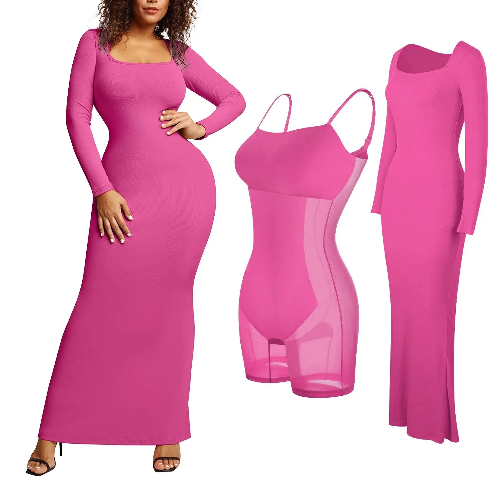 Womens Solid Color Body Shaping Maxi Dress With Built In Shaper