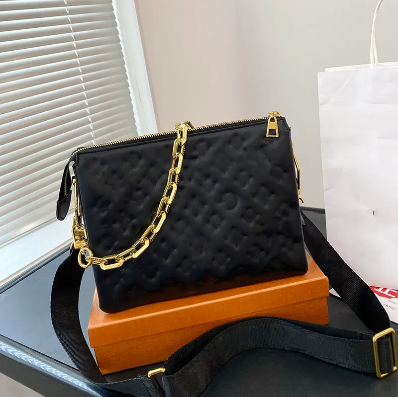 Toppkvalitetsdesignväskor Kvinnor äkta läderväskor Coussin präglad axelväska på lyxig crossbody väska mode messenger plånbok fickor handväskor med låda