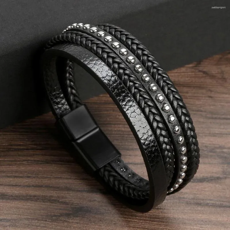 Pulseira de couro de aço inoxidável moda masculina estilo pulseira simples acessórios de joias rebitadas.