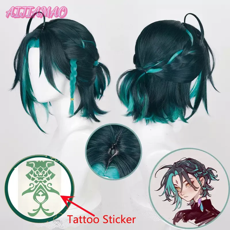 cosplay wigs xiao cosplay لعبة wig genshin تأثير xiao 35 سم خضراء قصيرة جديلة wig cosplay cosplay anime wigs cap 230824