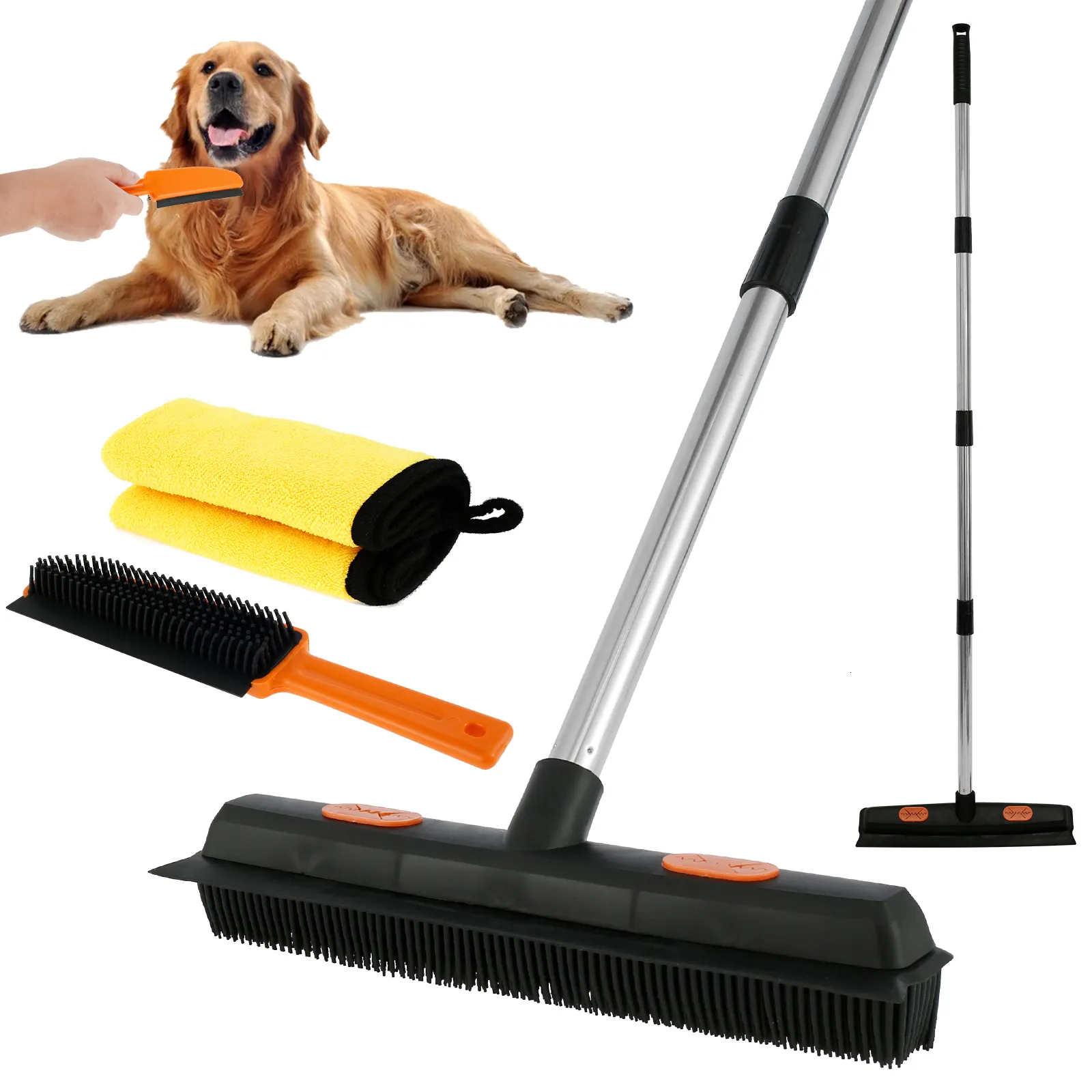 Hand Push Sweepers 4Pcs Rubber Broom with Squeegee Washable Carpet Rake Adjustable Handle Reusable Fur Remover Portable 230825