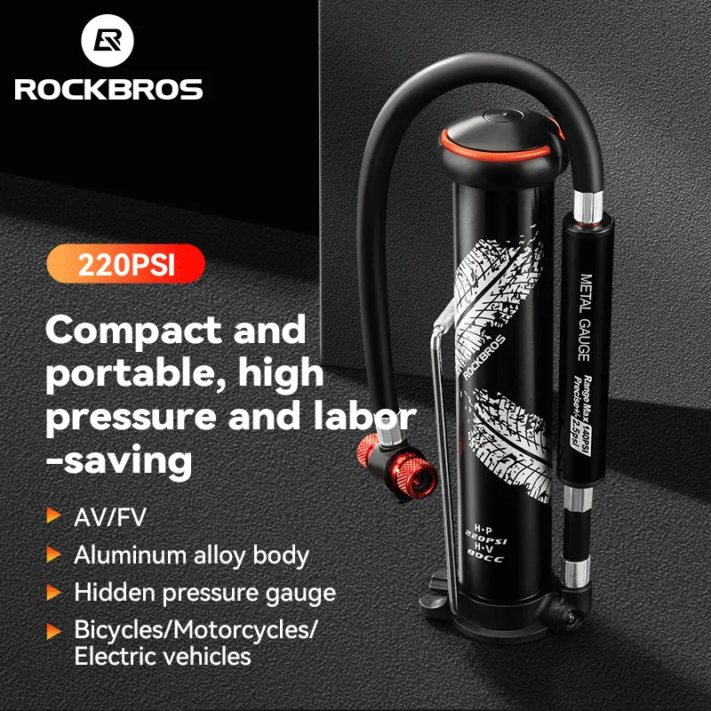 Bombas de bicicleta ROCKBROS Mini Bomba de bicicleta 220PSI Bomba de ar portátil Schrader Presta AV / FV Gauge Inflator MTB Ciclismo Road Bike Acessórios 230824