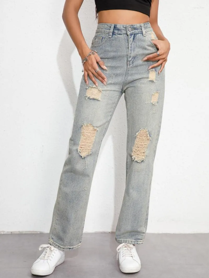 Jeans pour femmes Streetwear Pantalon droit Dames Déchiré Taille haute Longueur au sol Lâche Casual Denim Summer Cargo