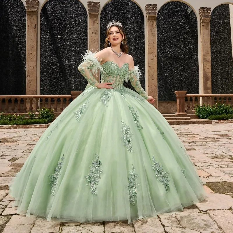 Vestido para quinceañeras De color verde salvia brillante, escote en forma De corazón, hombros descubiertos, manga larga, apliques De cuentas, Vestidos De plumas, vestido De baile De 15 anos