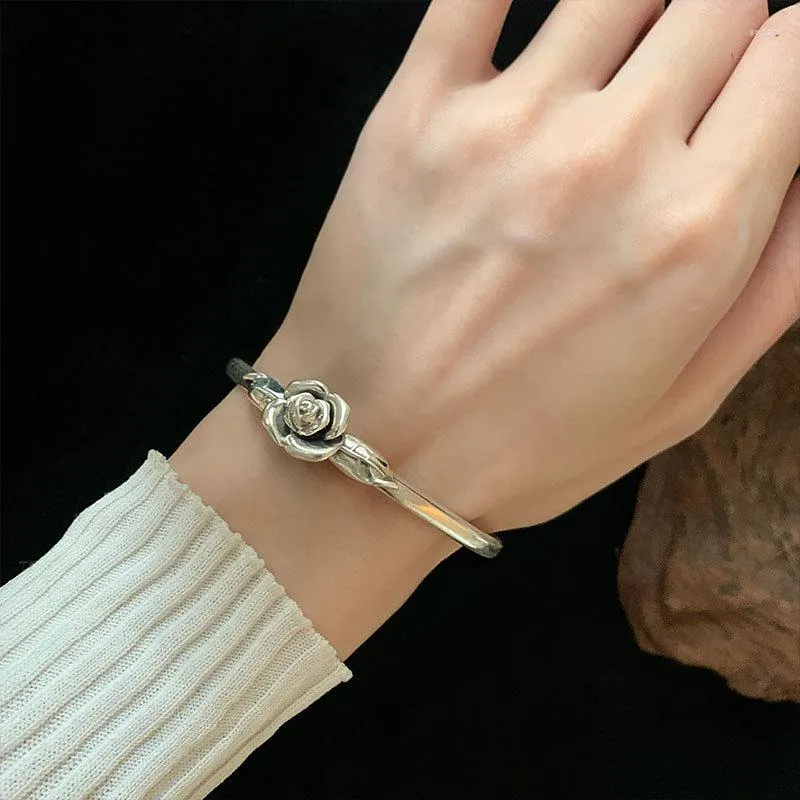 Bangle Elegant Rose Flower Vintage Thai Zilver Dames Originele sieraden voor vrouwen Verkoop geschenken nooit vervagen