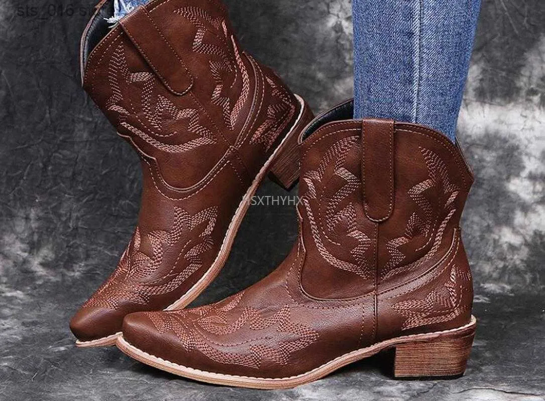 Cowboy Casual Autumn Ankle Boots Women Western Winter Snake Leather Cowgirl Booties Short Cossacks botas High Heels Shoes T230824 244