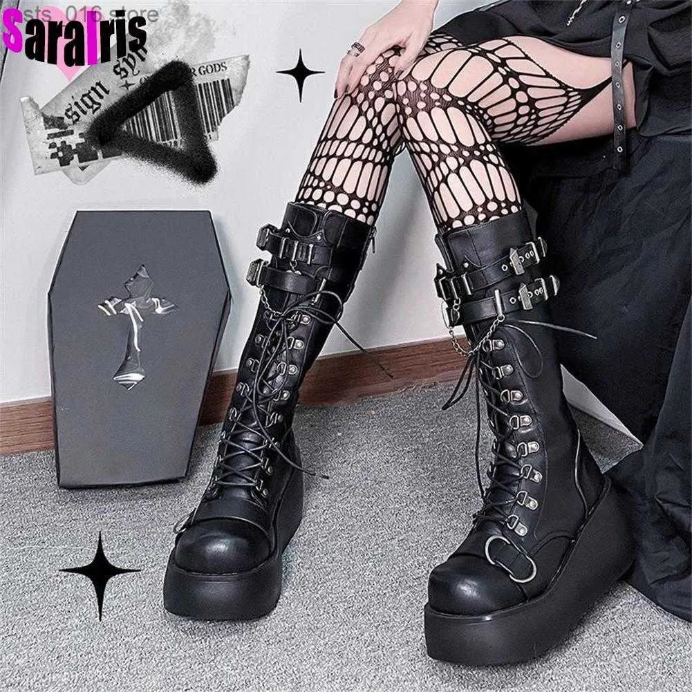 Boots 2022 Autumn Gothic Halloween Mid Calf Boots Women Wedges High Heels Punk Street Platform Boots Female Cosplay Shoes For Woman T230824