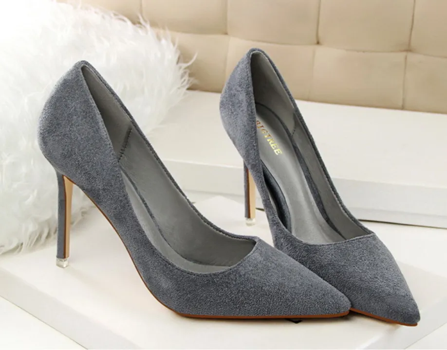 New Simple Slim Heel High Heel Shallow Mouth Pointed Suede Sexy Slim Professional OL Women's Singles Size 34-43