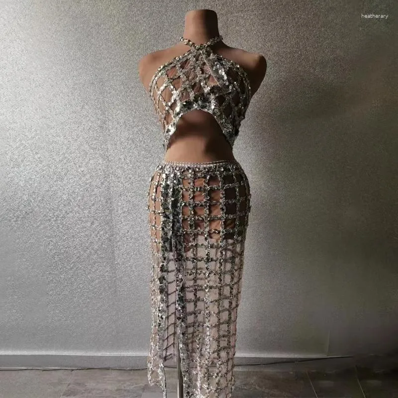 Stage Wear Sparkly Silver Sequins Halter Top Skirt Women'S Party Evening Dress Birthday Celebrate Dresses Festival Outfit Costume XS6839