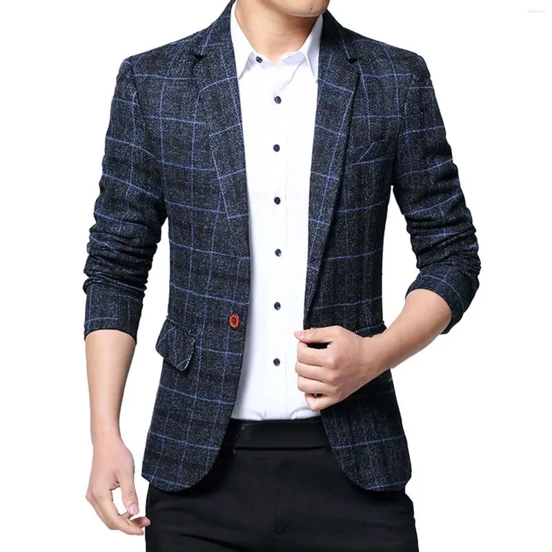 Mens Plaid Lapel Slim Fit Jacket Coat One Button Prom Suit For Big
