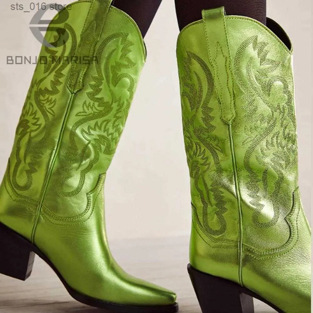 Boots BONJOMARISA Female Fashion Vintage Cowboy Cowgirls Western Boots Chunky Casual Solid Embroidery Slip On Autunn Retro Shoes Woman T230824