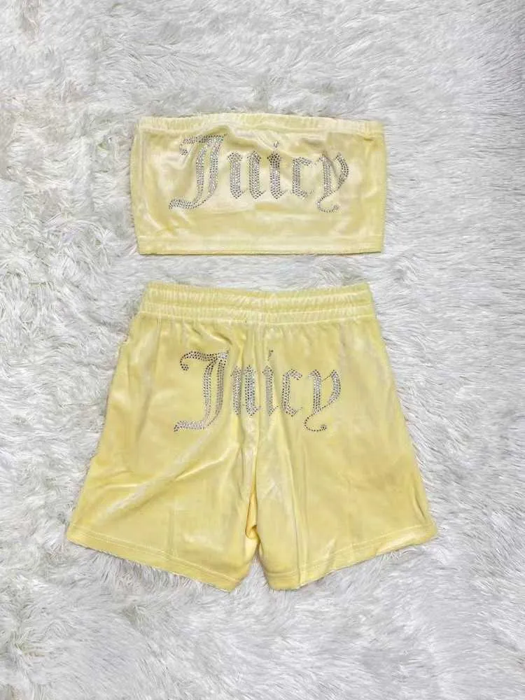 Women's Two Piece Pants Juicy Apple Velvet Sexy Fashion Tube Crop Top Casual Drawstring Shorts Set Loose Summer Clothes Tracksuit Direct Selling