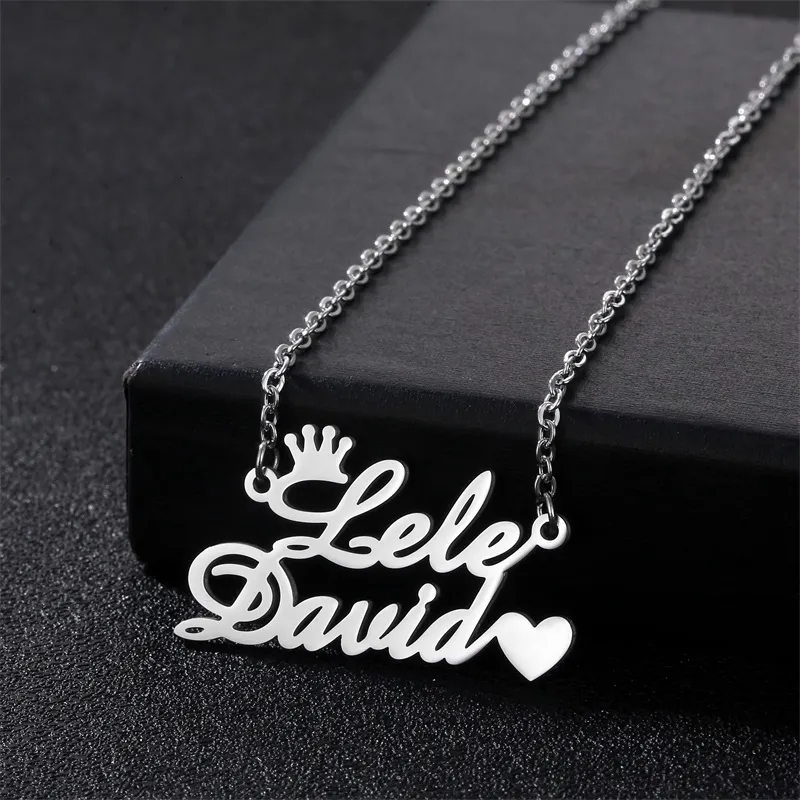 Pendant Necklaces Personalized Stainless Steel Custom Double Name Crown Love Necklace For Women Gold Choker Gift 230825