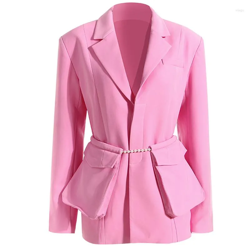 Ternos femininos mulheres designer blazer manga longa grandes bolsos destacáveis casacos finos casuais