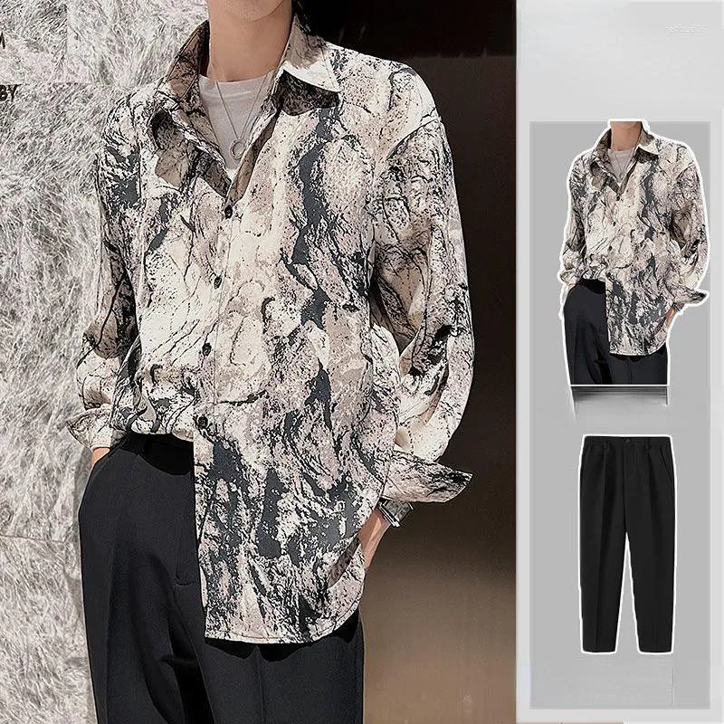 Men's Tracksuits 2023 Men Spring Summer 2 Piece Sets Tie-dyed Bow Shirt Loose Pants Ice Silk Long-sleeved Oversize Suits F28