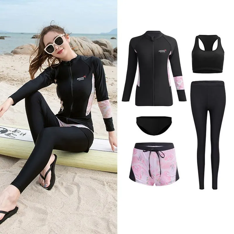 Wear Women's 5pcs Rash Guard set Long Sleeve Active Tops and Bottoms Zip Shirt Pants Bikini Rashguard Swimsuit Full Body Sun Suits