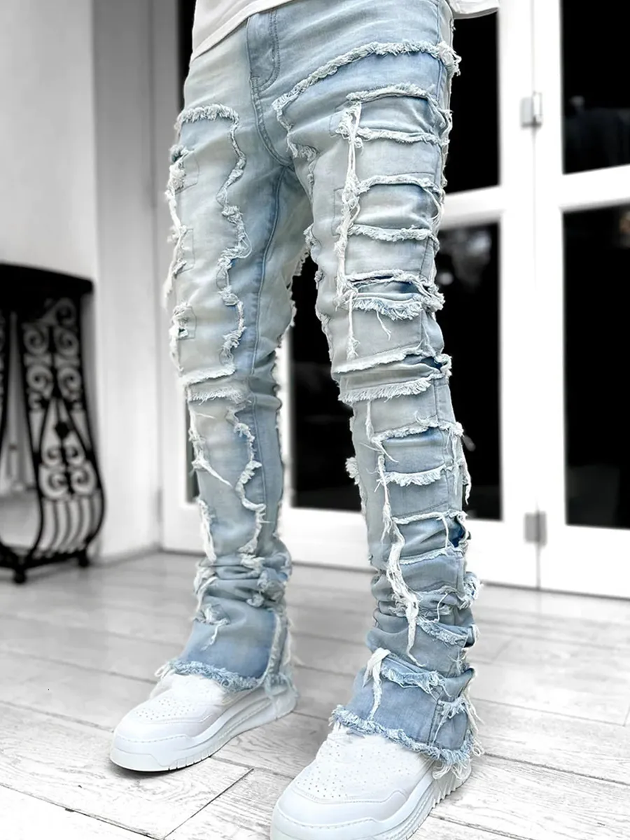 Men's Zippers Ripped Jeans Light Blue Holes Patchwork Denim Pants | Wish