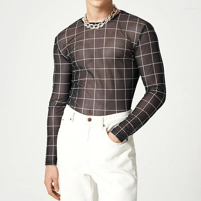 メンズTシャツファッションスタイル透明な格子縞のTシャツ長袖セクシーなスリムストリートウェアOネックトップブラックS-4XL