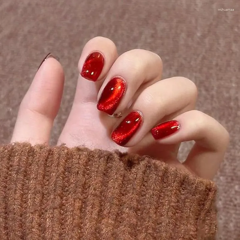 Uñas postizas usables vino rojo ojo de gato prensa en cristal cuadrado Aurora falso brillo arte acabado manicura puntas de uñas