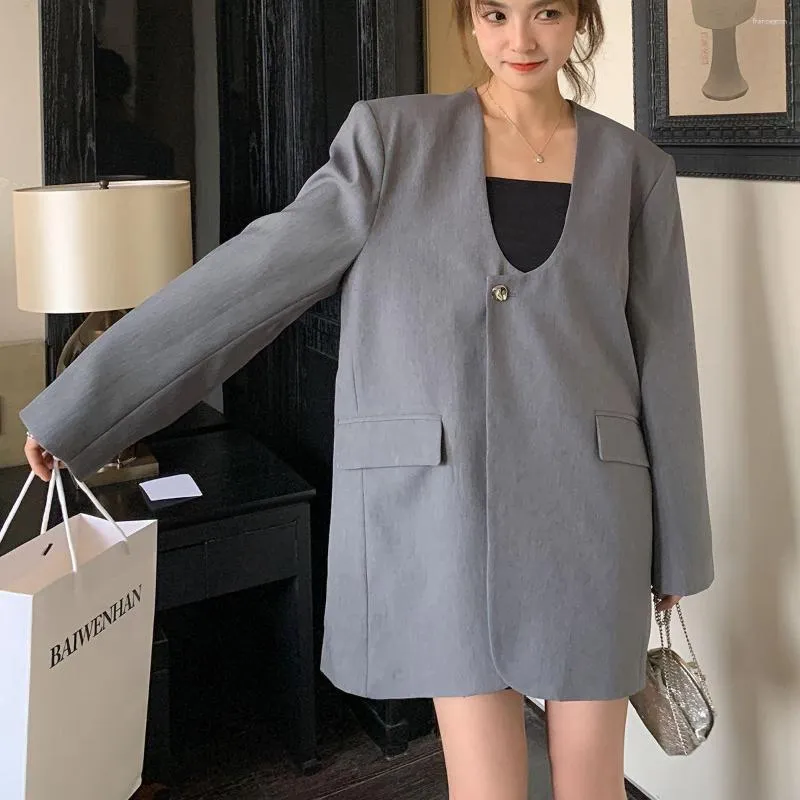 Kvinnors kostymer Superaen Gray Blazer Spring Autumn 2023 Korean Casual College Style Fashion