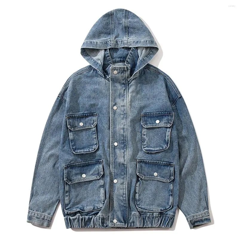 Kurtki męskie Hip Hop Vintage Multi Pockets Lakible Hooded Pleats Men Men Spring Streetwear Retro Denim Bluies Casual Empear Mężczyzna