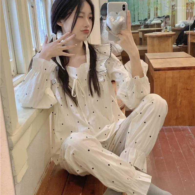 Kadın pijama fırfırı polka nokta pamuklu 2 adet Set Kadınlar Sonbahar Kış Pijama Uzun Kollu Pantolon Ev Takım Giysileri Çıkış S313