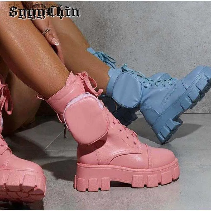 Boots New Women Ankle Boots Motorcycle Small Bag Flat Heel Platform Lace-up Female Pumps Lady Round Toe Fashion Punk Girl Mujer Shoes T230824