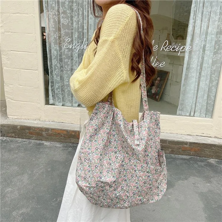 Shopping Bags 2023 Floral Women Solid Canvas Shoulder Cloth Bag Tote Package Ladies Purses Casual Handbag For Girls Bookbag