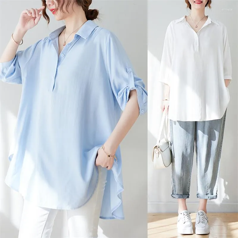 Kvinnor BLOUSES 5309 Spring Summer Thin White Shirts For Women Fashion City Elegant Lady Office Work Solid Color All Match Pullover Tops