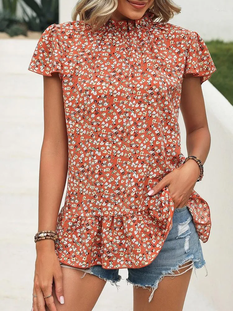 Blusas femininas verão floral impressão para mulher 2023 moda gola manga curta boho praia casual topo plus size elegante chiffon camisa