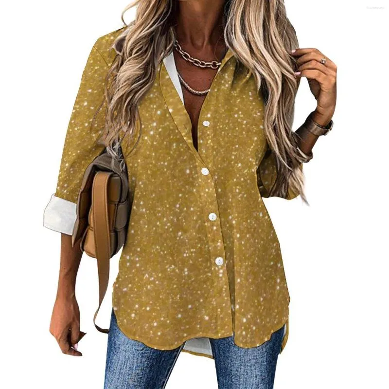 Damesblouses Imitatiegoud Metallic Casual blouse Lange mouw Glitter Metaalprint Sparkly Trendy Lady Fashion Oversize shirts Grafische top