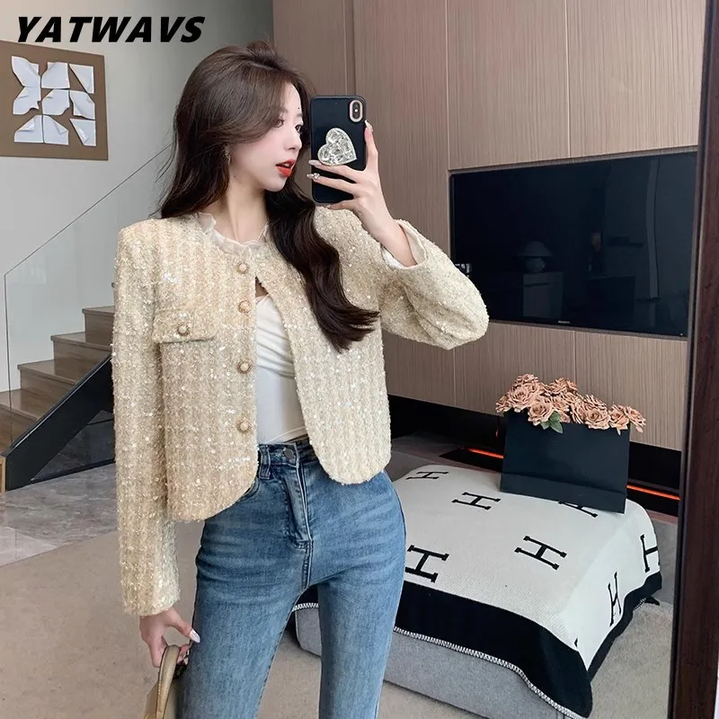 Kvinnors ull blandar koreanska chic kvinnlig tweed BASIC JACCH COAT Women Kläder Runway Ruffle Patchwork Sweet Sequin Casual Woolen Ytterkläder 230824