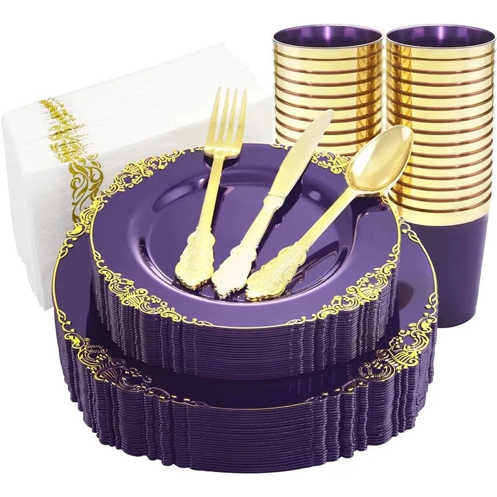 Engångsgarna Tabeller Tabellerna Transparent Purple Black Plastic Plate Cup Kniv Fork Sked servettuppsättning Bröllopsfest Leveranser 10 personer 230825