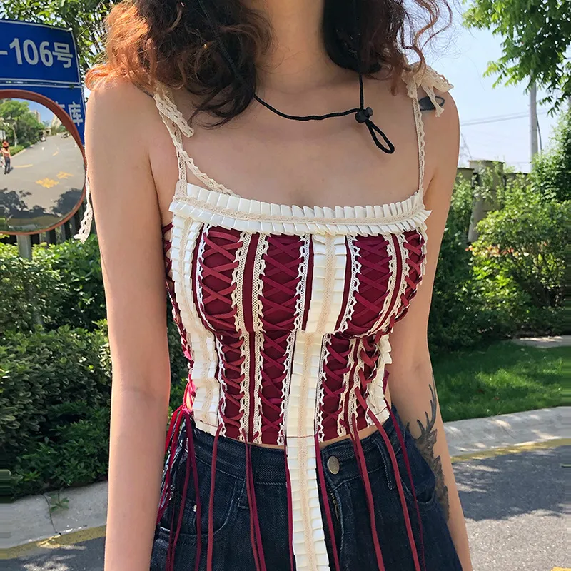 Mulheres Tanques Camis Skinny Strappy Mulheres Verão Borlas Camisole Sexy Hollow Out Y2K Lolita Lace Crop Tops Coletes Feminino Harajuku Streetwear 230825