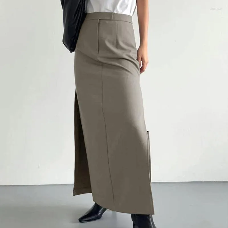 Röcke Midirock Herbst Französisch Grau Hell Luxus Hohe Taille Slim Fit Split Gerade Lang Exklusive Damenbekleidung