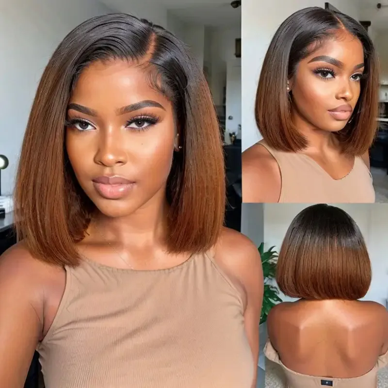 Perruque Bob Lace Front Wig naturelle lisse, cheveux courts et lisses, sans colle, avec bords à reflets, 5x5, pre-plucked, HD