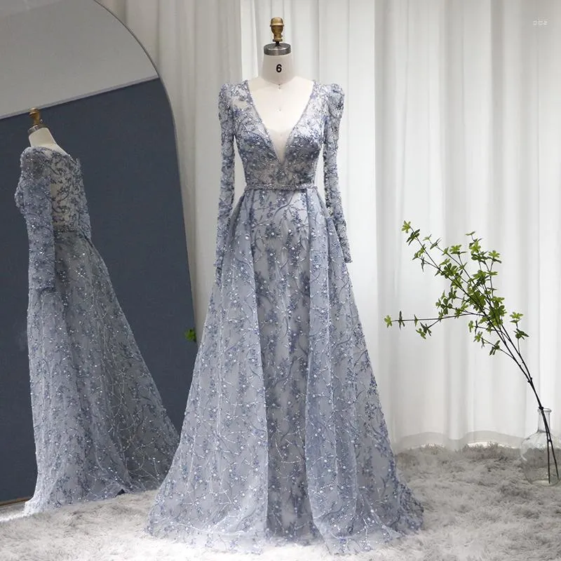 Casual Dresses Jancember Blue Applique Prom V Neck 2023 Elegant A Line Tulle Embroider Long Sleeve For Evening Clows LSCZ65