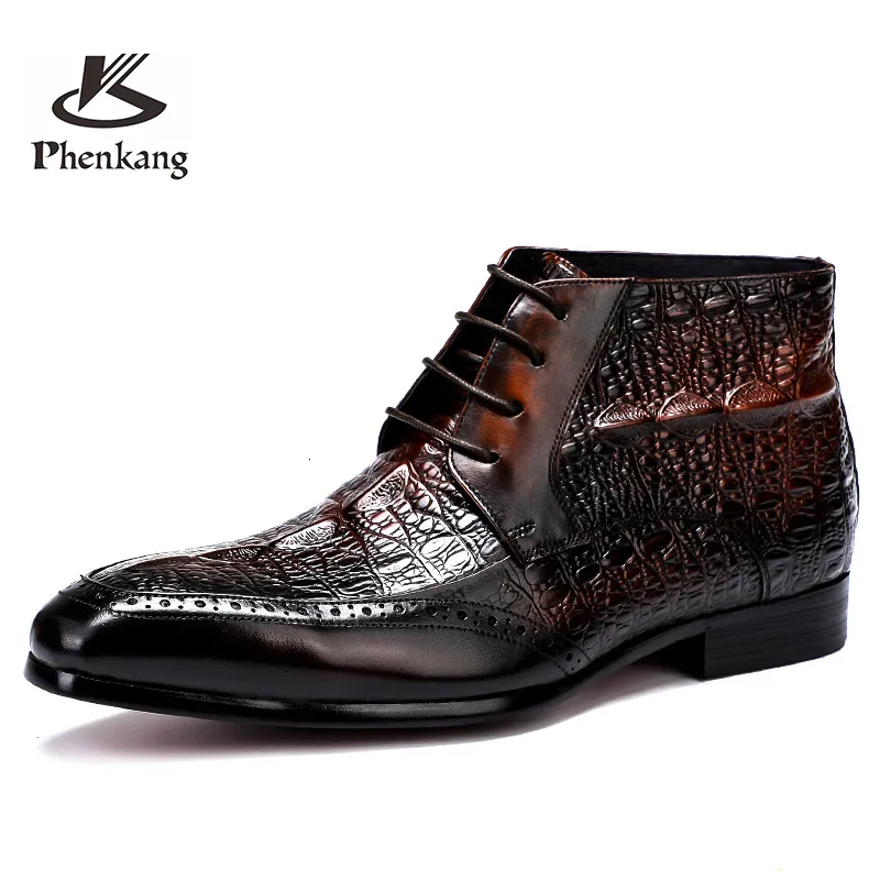 Boots Phenkang Men's Genuine Leather Pattern Winter Rubber Ankle Chelsea Boots Brogue Flat Safety Dress Shoes Handmade 230825