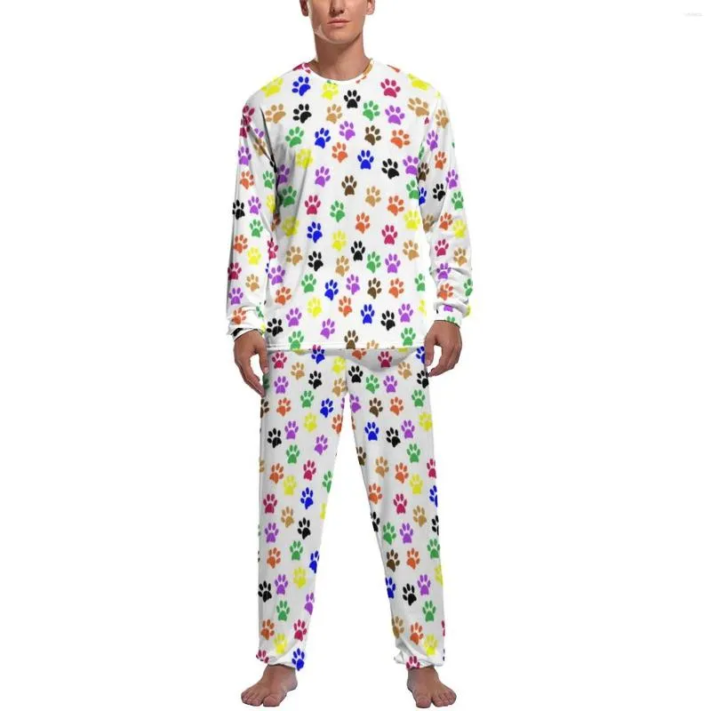 Men's Sleepwear Dog Pow Art Pajamas Long Sleeve Colorful Pawprints 2 Pieces Casual Set Spring Male Design Cool