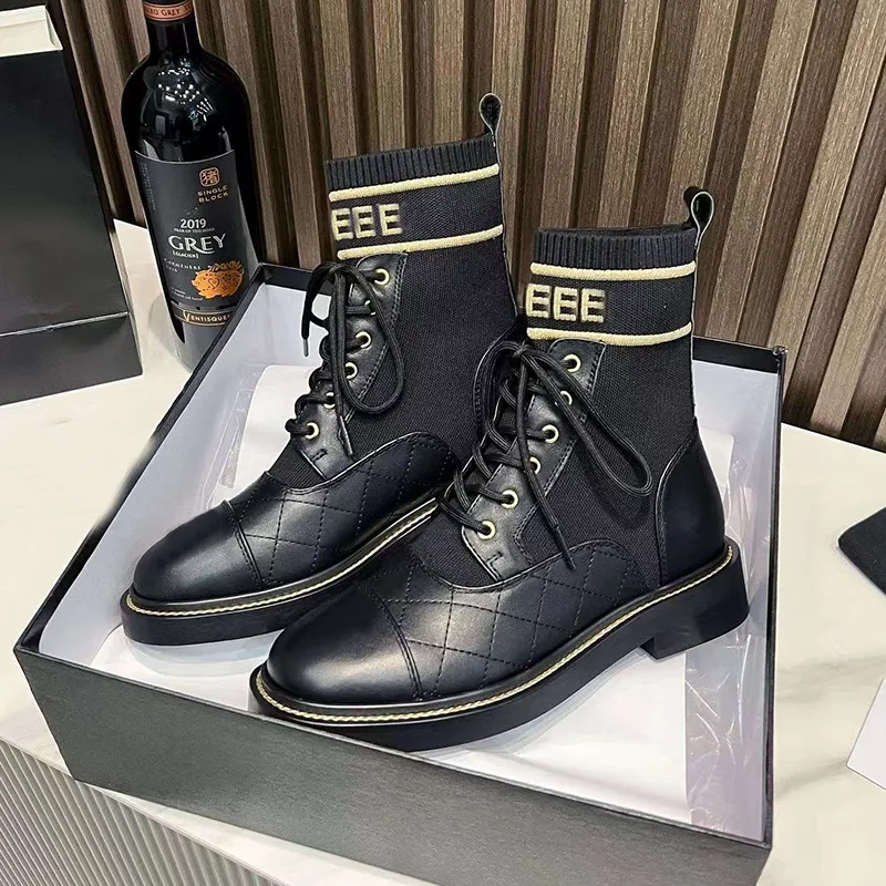 Designer boots Short Martin boots leather check fabric patchwork diamond breathable comfortable electric degree letter catwalk new thick soled slim elastic boots