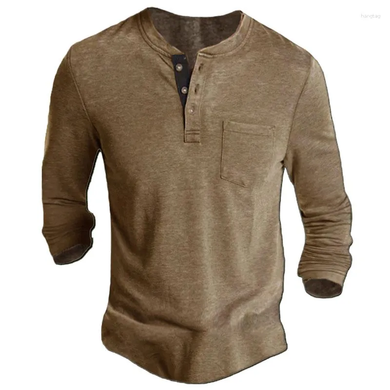 T-shirt da uomo T-shirt primavera Henley scollo a V camicia vintage a maniche lunghe da uomo con tasca streetwear