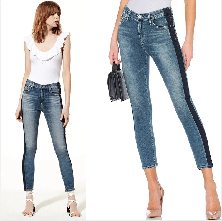 Womens Stretch Denim Jeans with Side Stripes Elastic Waist Slim Fit Cropped Length High-waist Design