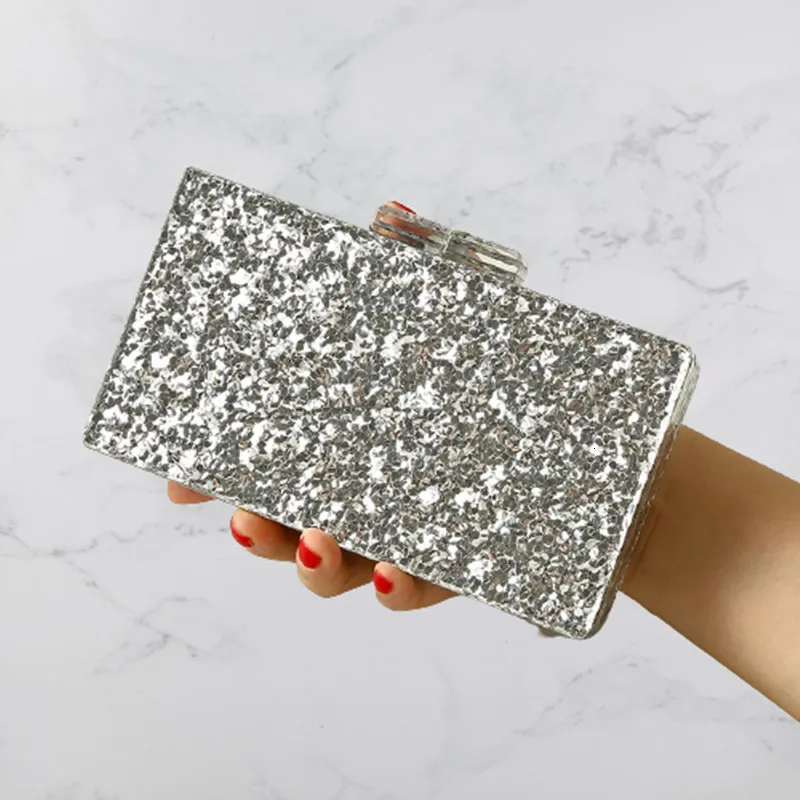 Evening Bags Silver Glitter Gold Glitter Acrylic Box Clutches Mirror Acrylic Clasp Female Flap Evening Day Clutches Party Beach Handbag obag 230825