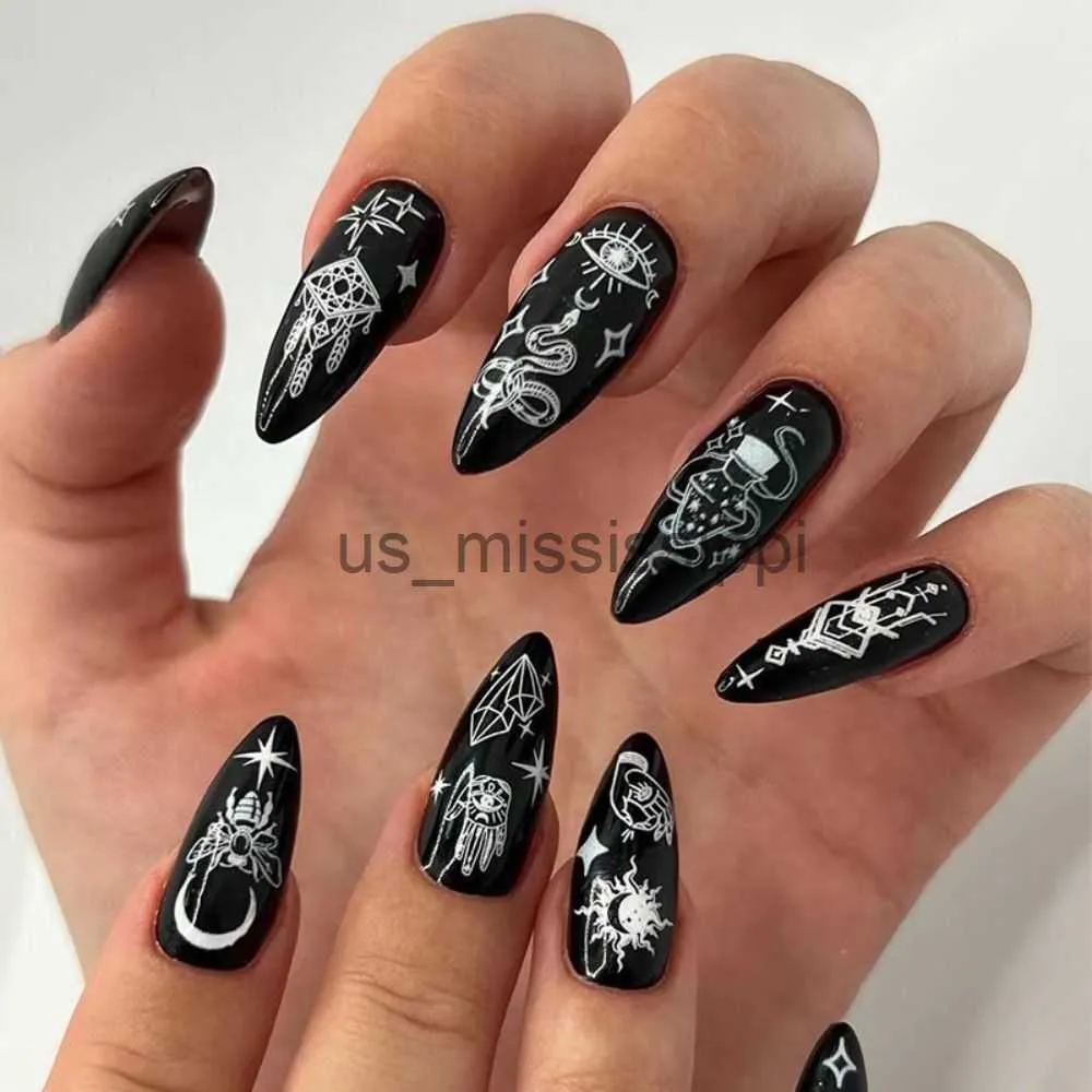 False Nails 24Pcs Detachable Almond French Full Cover False Nails Silver Butterfly Lines Stiletto Fake Nials Press On Nails DIY Manicure x0826