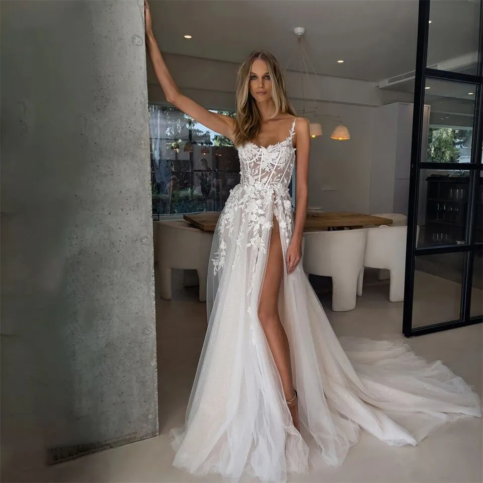 Sexy Boho Hochzeitskleid Spitze 3D Blumen Strand Brautkleider Korsett Knochen Side Split Braut Brautkleider Vestidos De Noiva